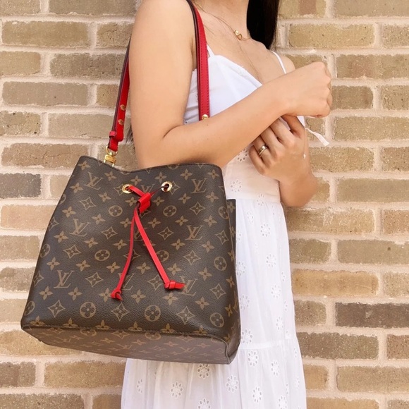 Louis Vuitton Brown Monogram Red Neonoe Bucket Bag Shoulder Tote - Picture 2 of 13